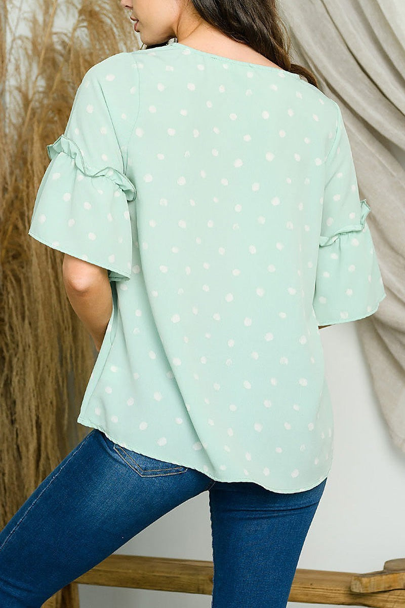 Short sleeve polka dot v neck top (EDWT5097)