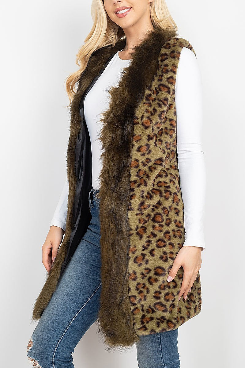 Leopard faux fur trim vest lined (DGS5306)