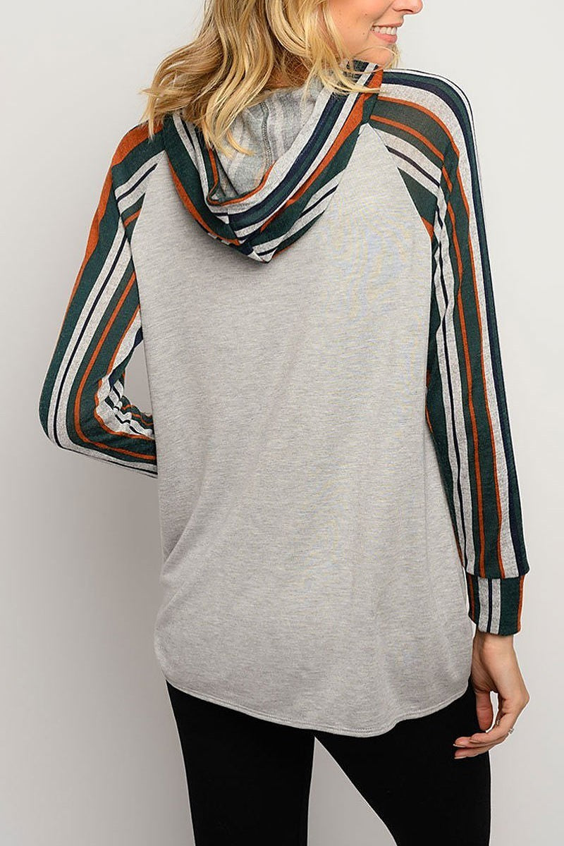 Stripe waist tie color block hoodie top (EDWT3242)