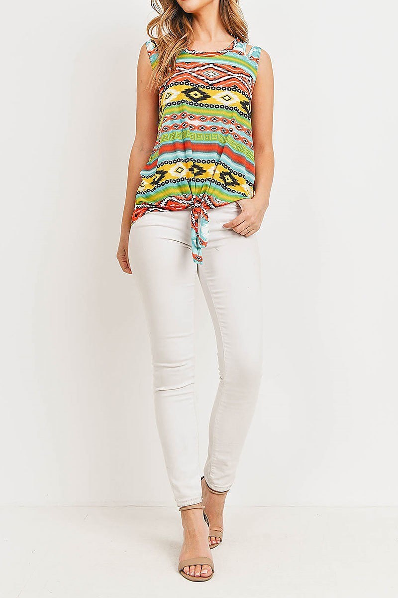 Tribal print waist tie round neck top (ED8932-LAST)