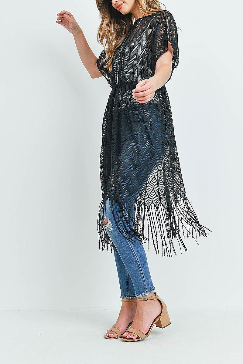 Zigzag wave crochet fringe open front kimono (EF1144)