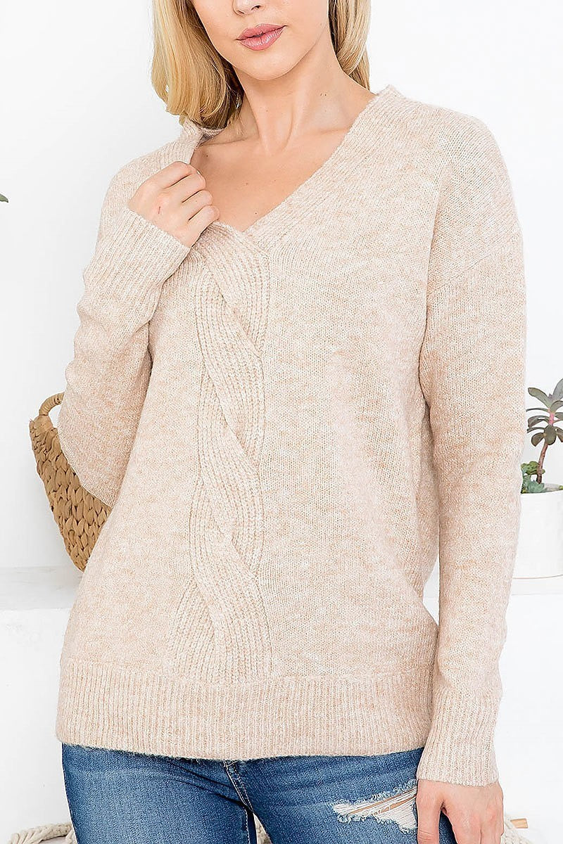 Cable design v neck sweater (DGS5361-1)