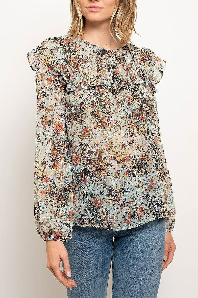 Floral print ruffle detail sheer top (EDWT2367)