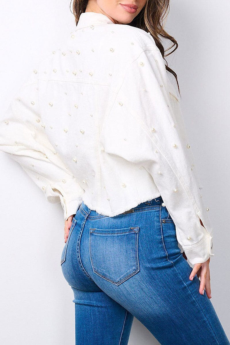 Button closure pearl detailed denim jacket (EFWT7596)