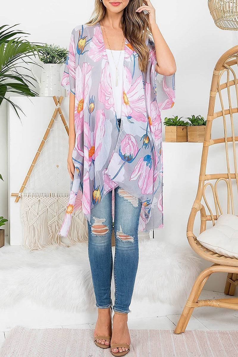 Flower print bohemiian open front kimono (EF3249)