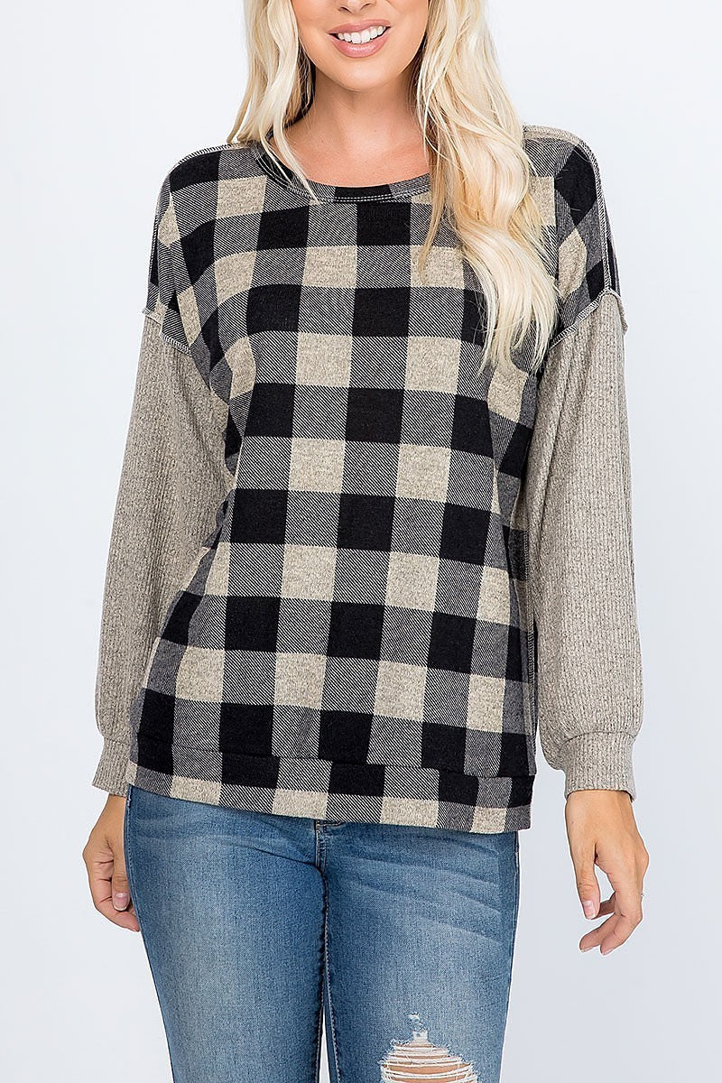 Overlock stitch plaid long sleeve top (EF7894)