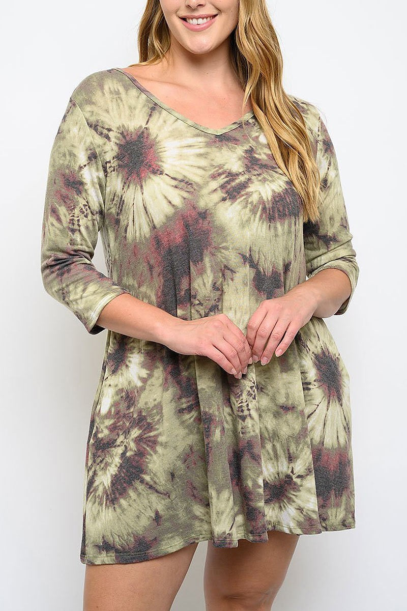 Quarter sleeve tie dye tunic mini dress (EDWT3123-PLUS)