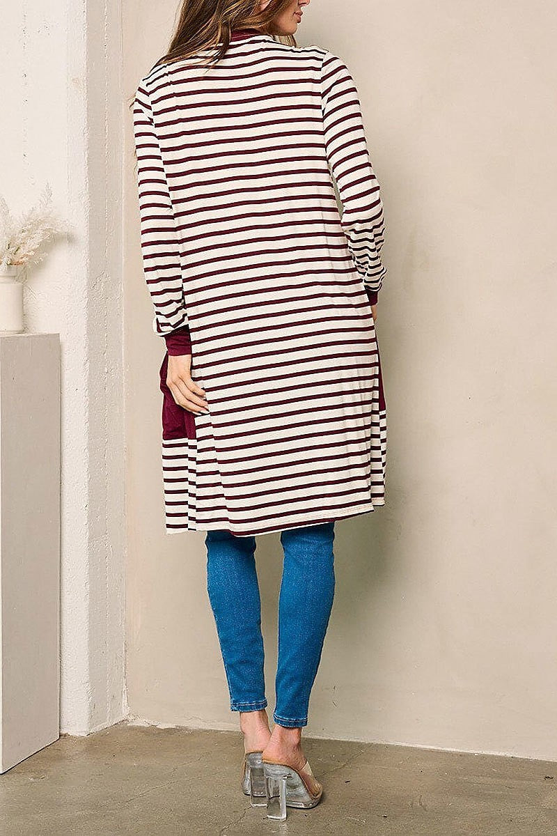 Long sleeve open front pockets stripes cardigan (EFWT4360)