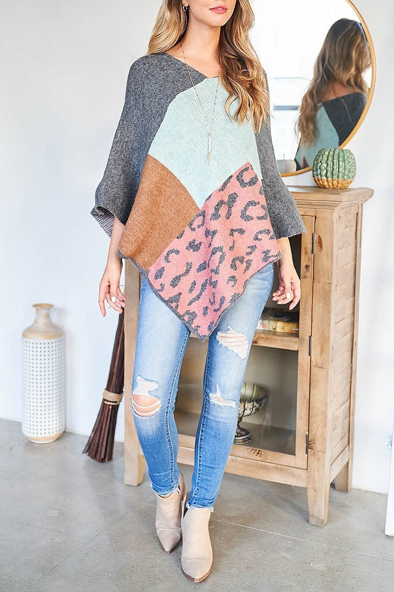 Multi pattern leopard knit soft poncho (DGS5605)