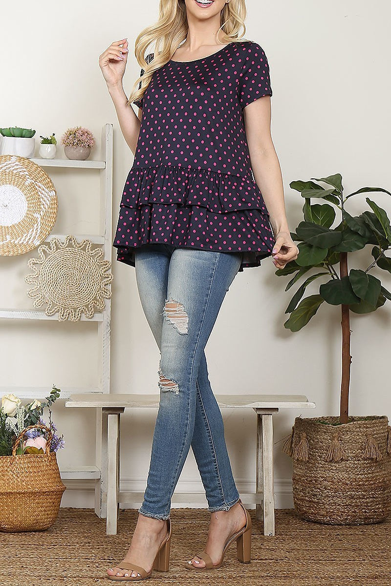 Polka dot ruffle hem short sleeve top (ET5621)