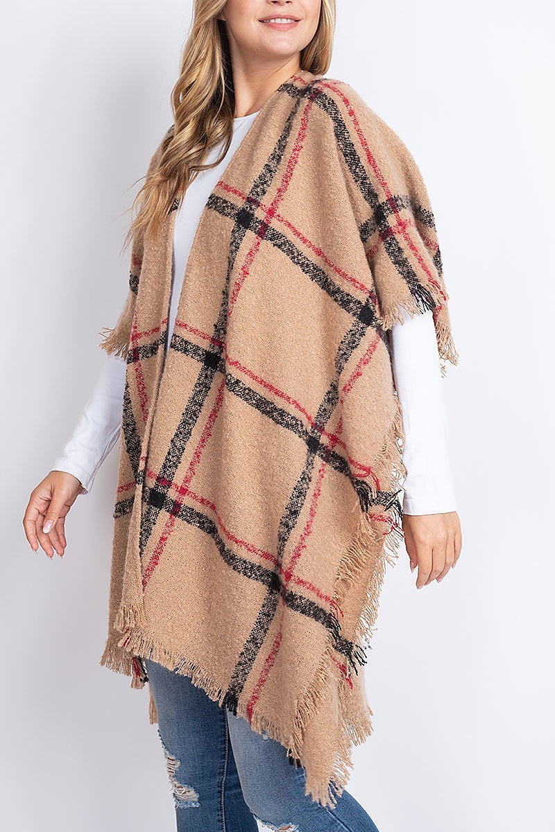 Plaid open front fringe kimono (DGS5411)