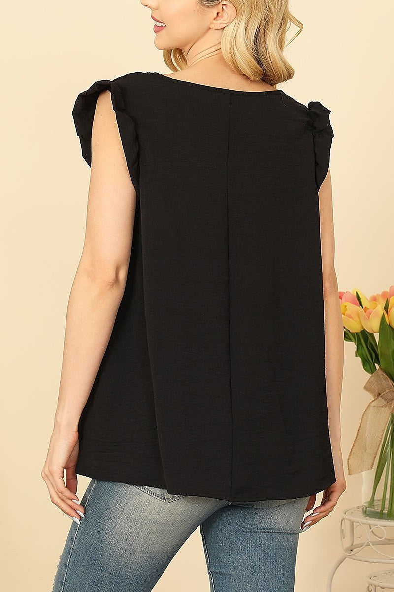 Ruffle sleeve round neck solid top (EF7471)