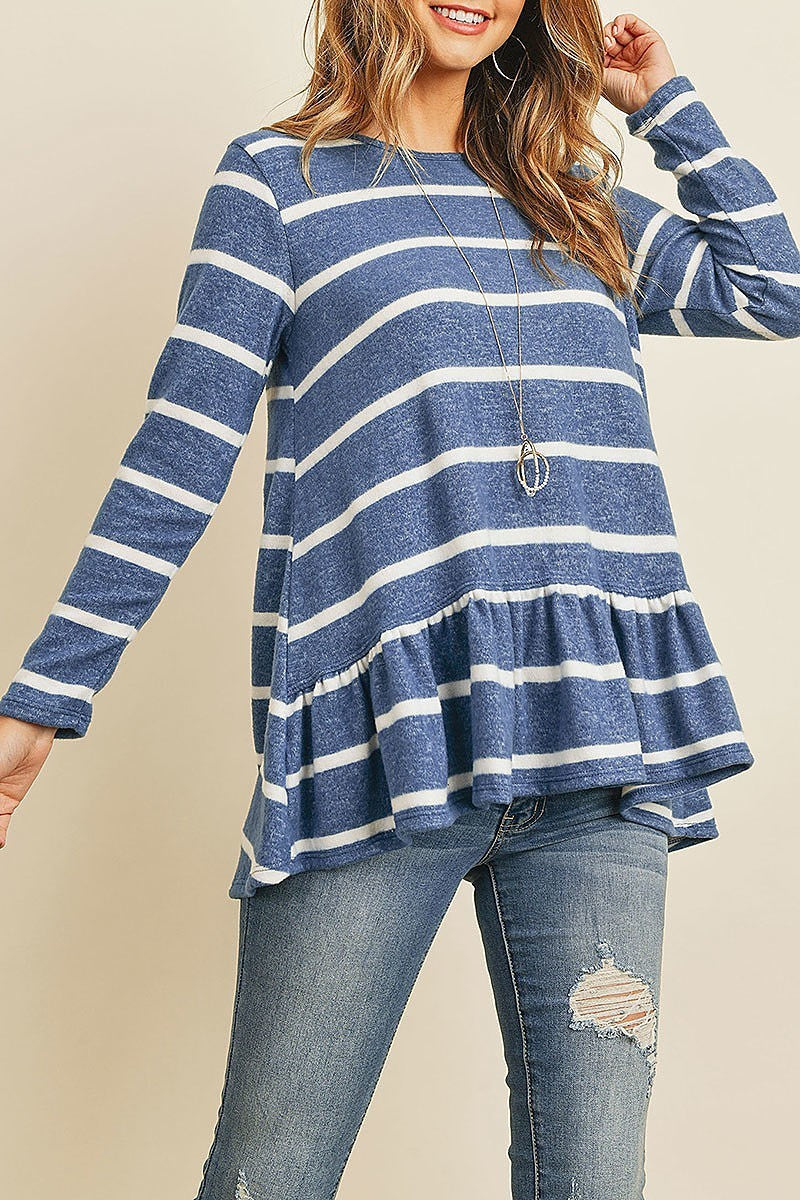 Stripe long sleeve ruffle detail hem tunic (ED8304-1)