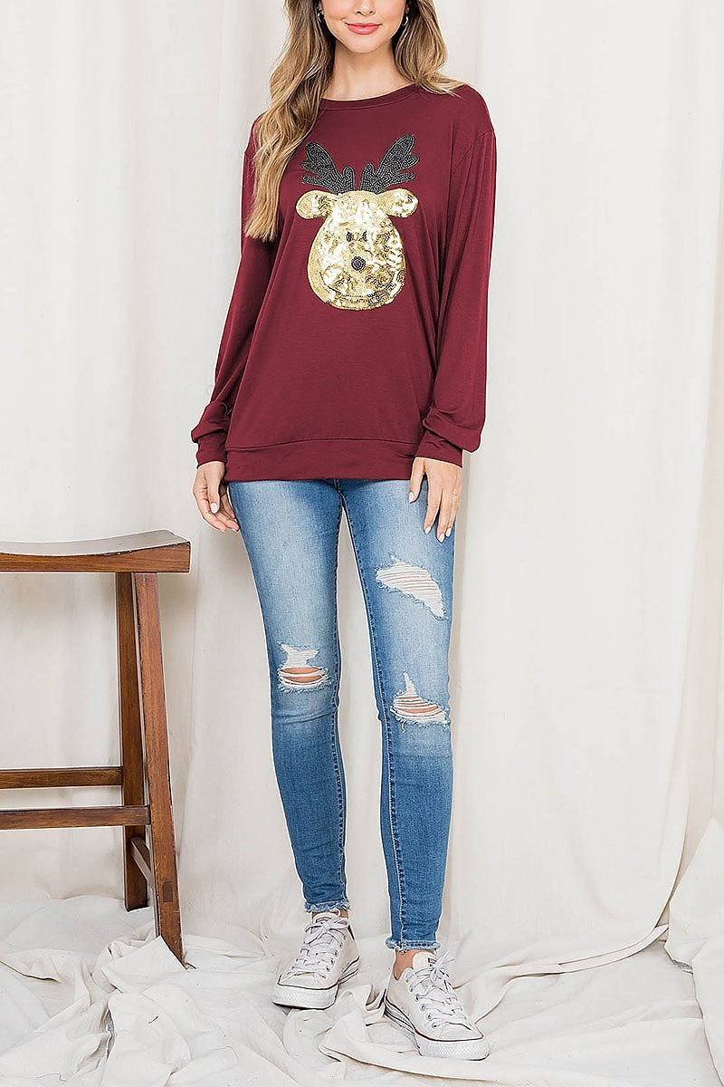 Sequin moose print long sleeve top (EF2700)