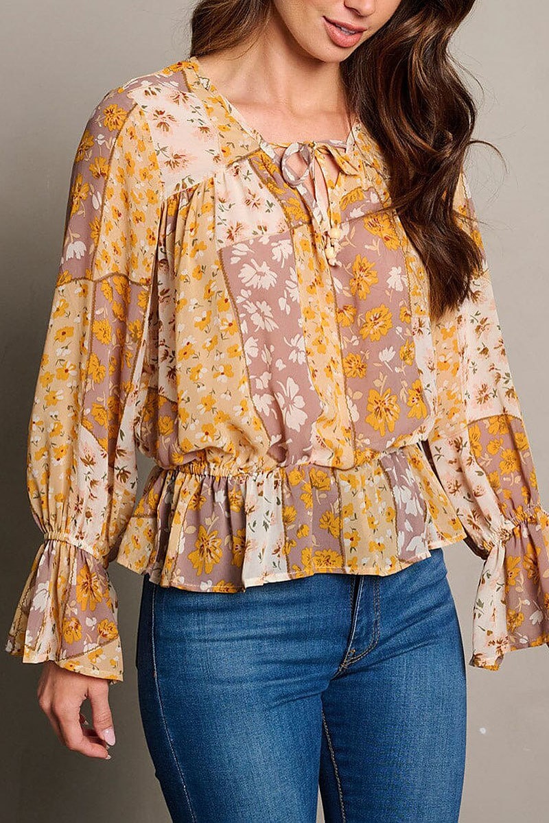 Long bell sleeve neck tie floral peplum blouse top (EGWT2057)