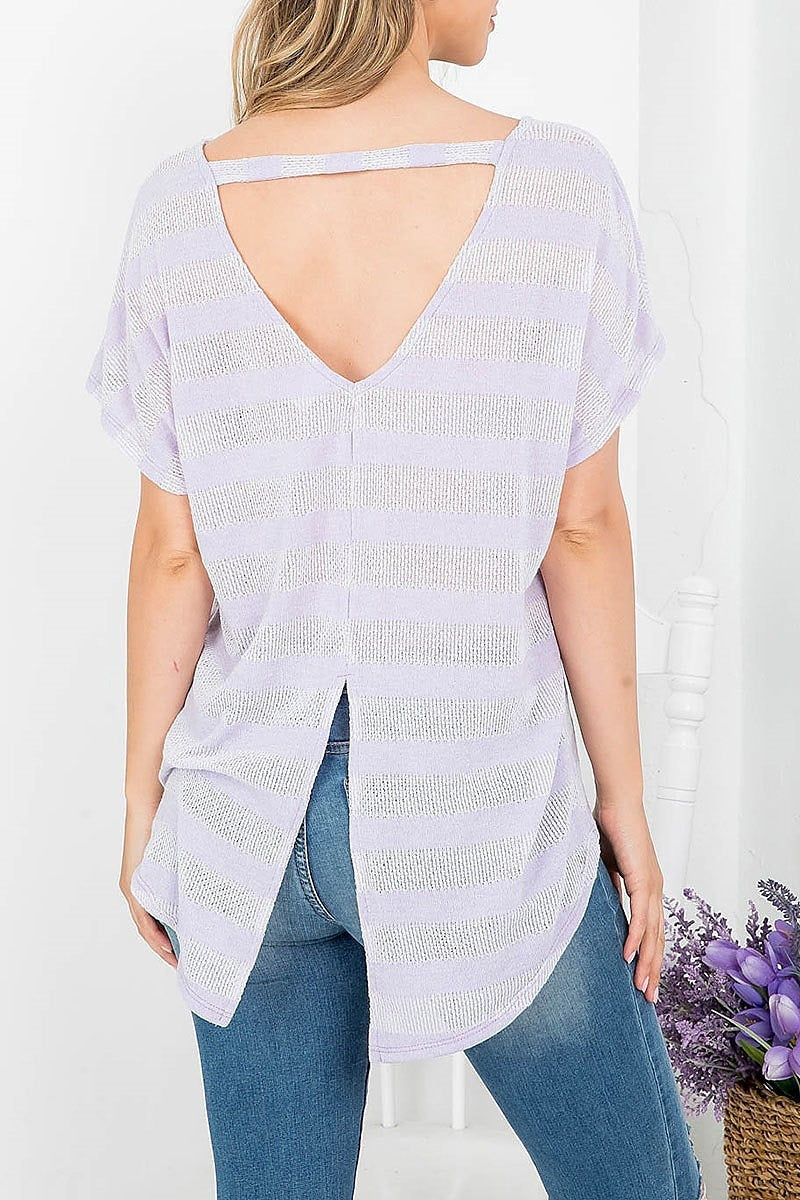 Stripe boat neck open back top (EF3876)