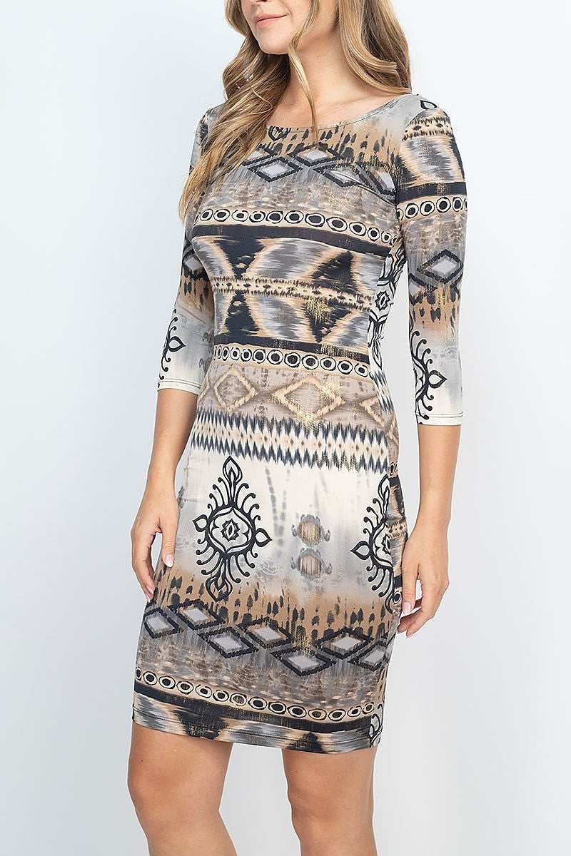 Open back tribal print body con dress (DED6423)