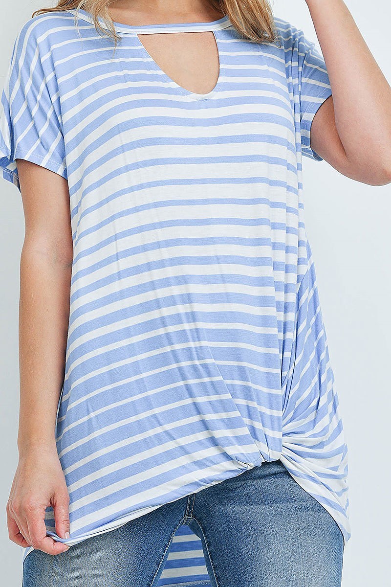 Short sleeve keyhole stripe tunic blouse top (ED8859-2)