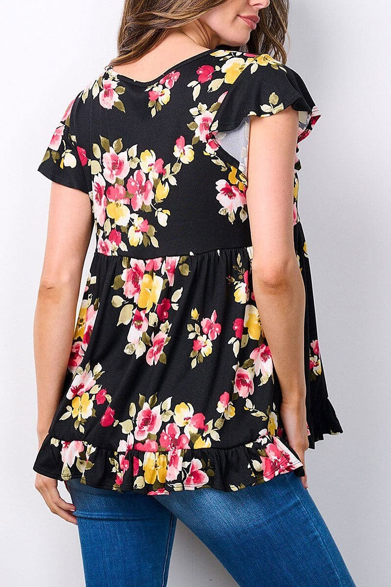 Short sleeve v-neck floral print ruffle top (EFWT7520)