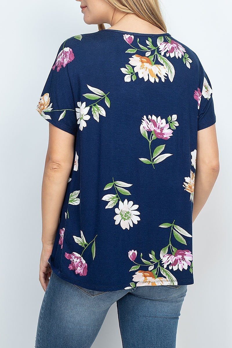 Short sleeve floral print pleated top (EF2162)