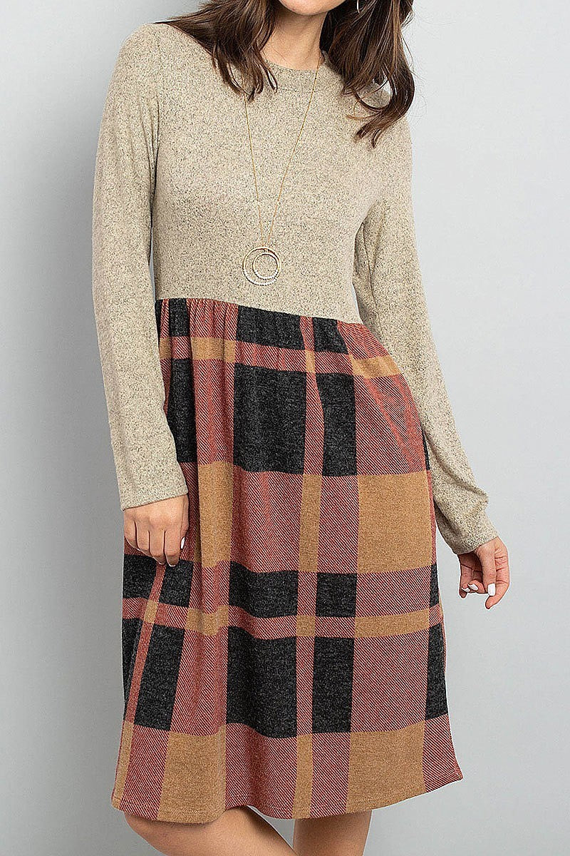 Two toned high neck long sleeves plaid contrast dress (DED5776)