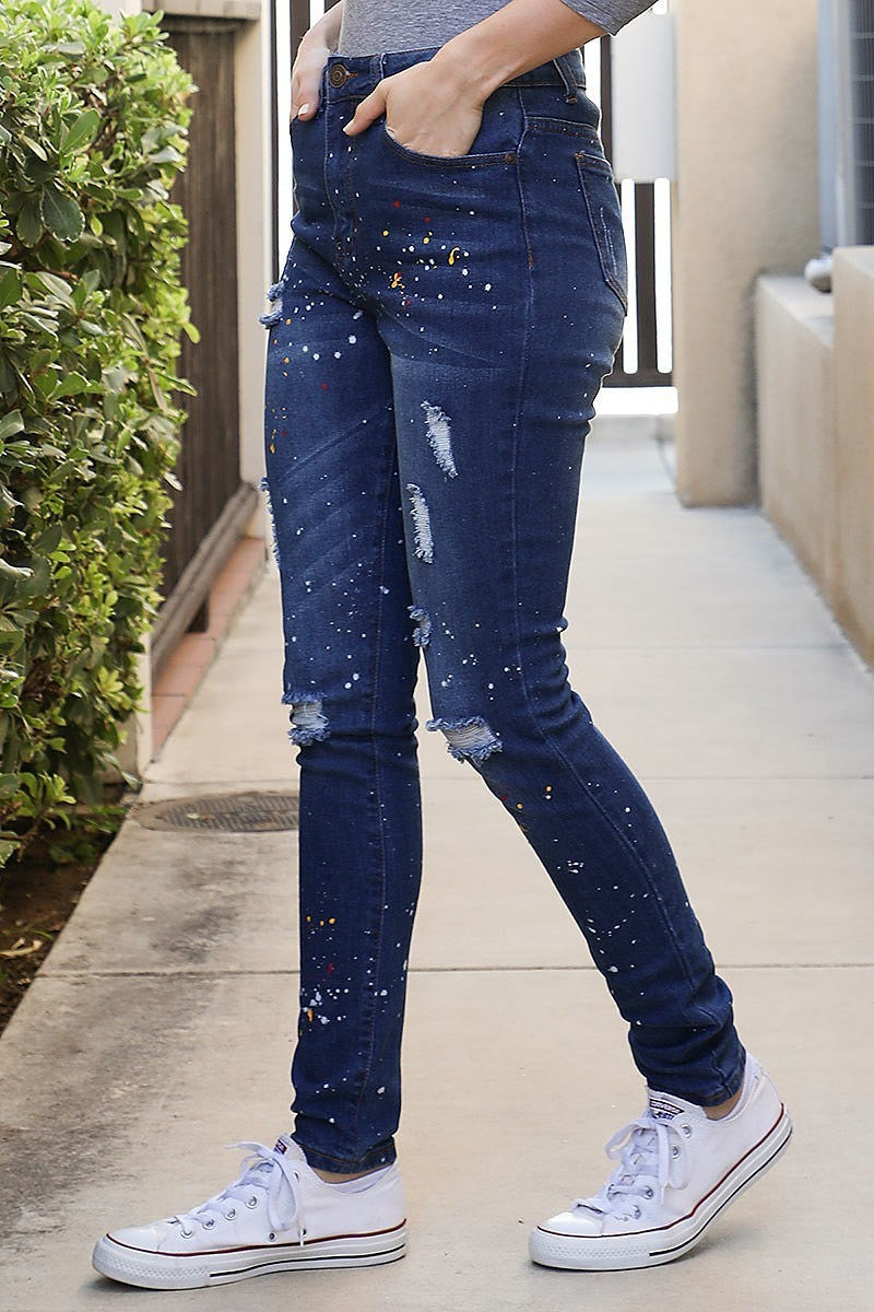 Dark blue paint sprinkle ripped jeans (DGB3785)