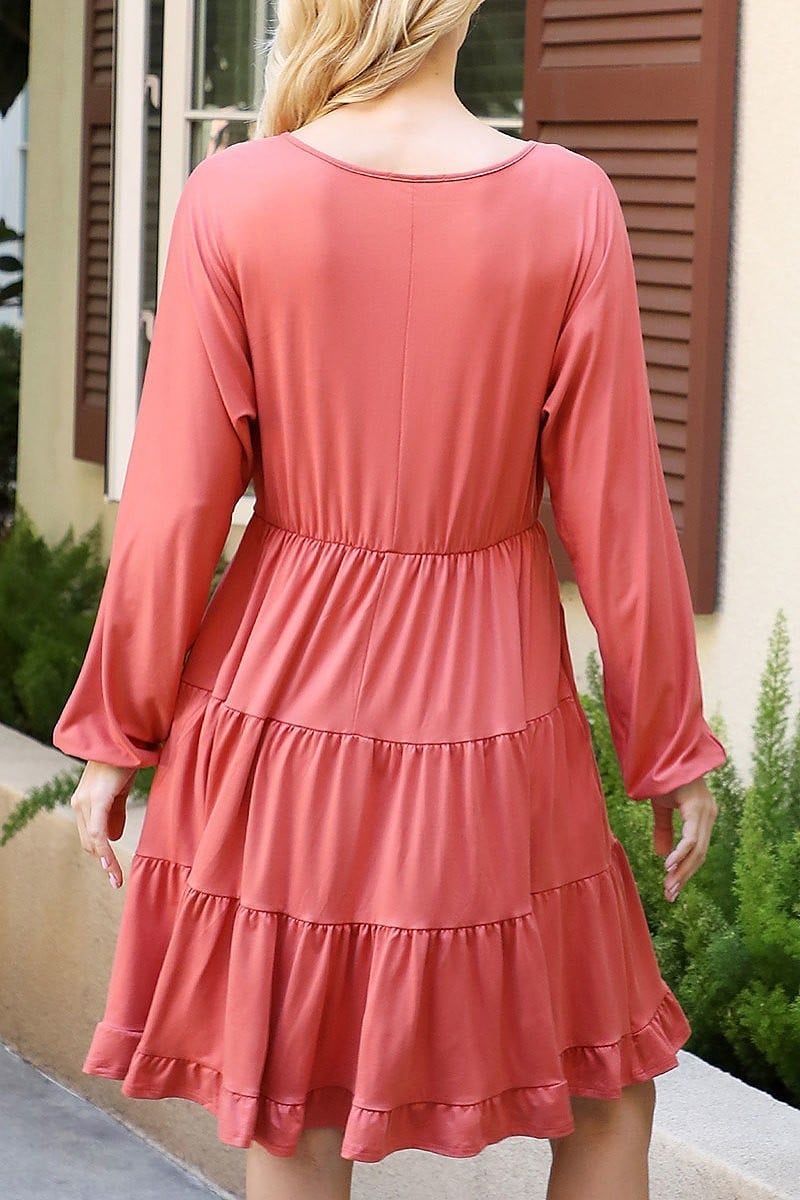 Solid long sleeve tiered ruffle dress (DED8913)