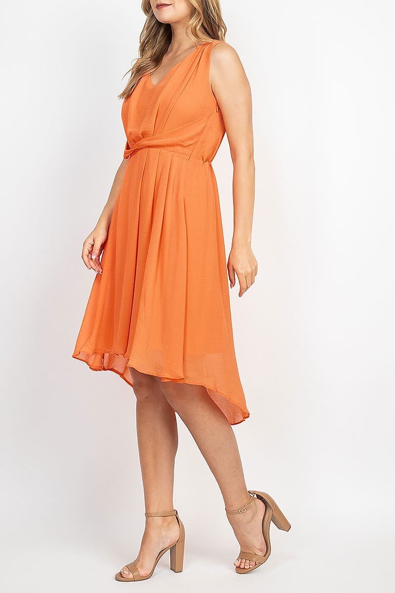 V neck twist waist flared hi lo dress (DED6849)