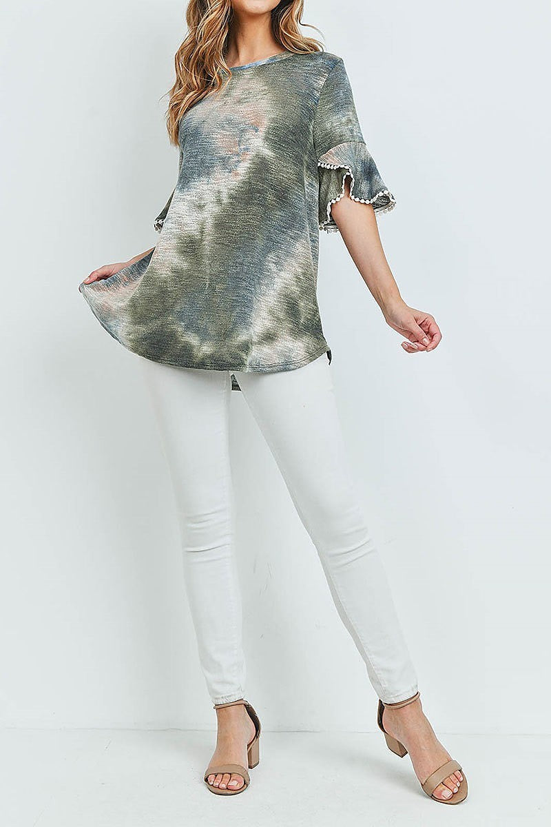 Tie dye lace detail bell sleeves low gauge top (ED8810)