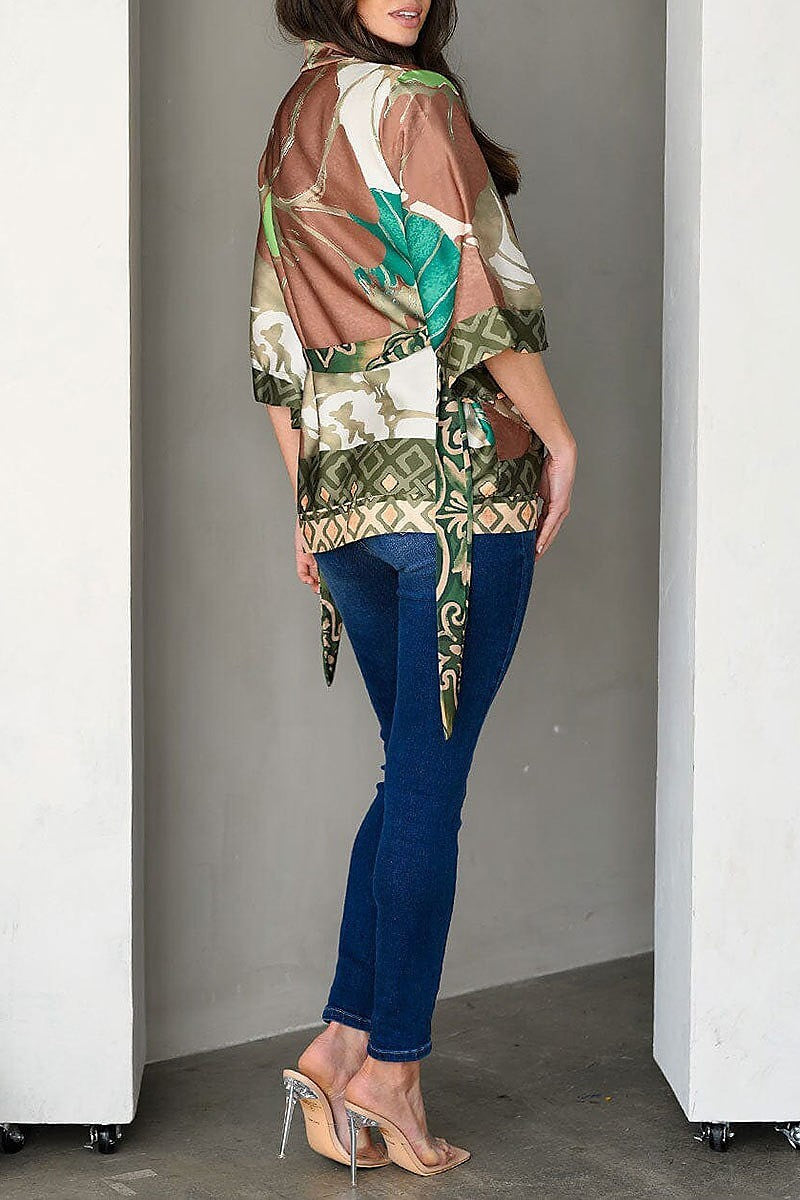 Short sleeve self tie multi print cardigan (EDWT9430)