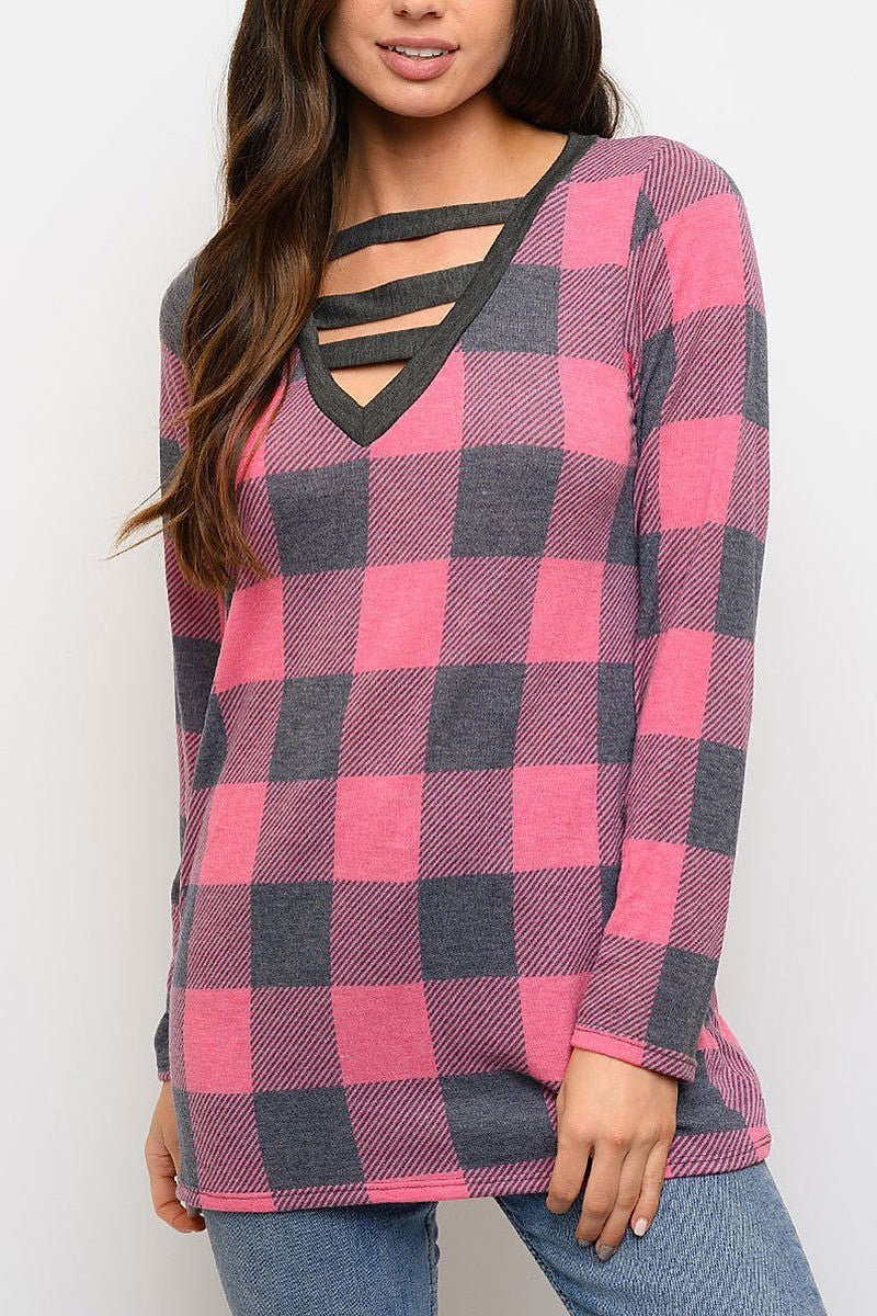 Tunic plaid print long sleeve top (EDWT3301)