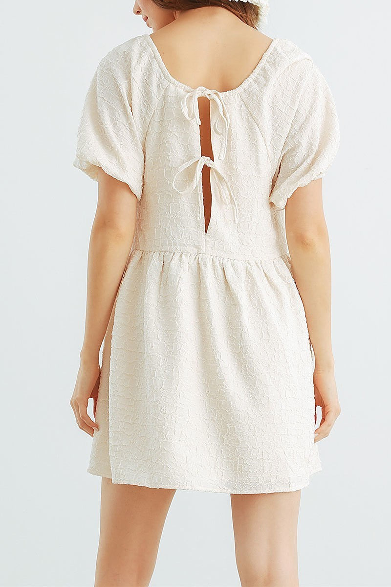 Textured puff sleeve tie back mini dress (TED1868)