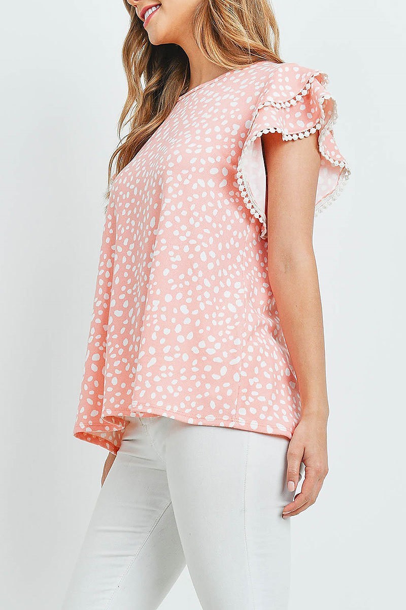 Pompom detail sleeves pebbles top (ED9790)