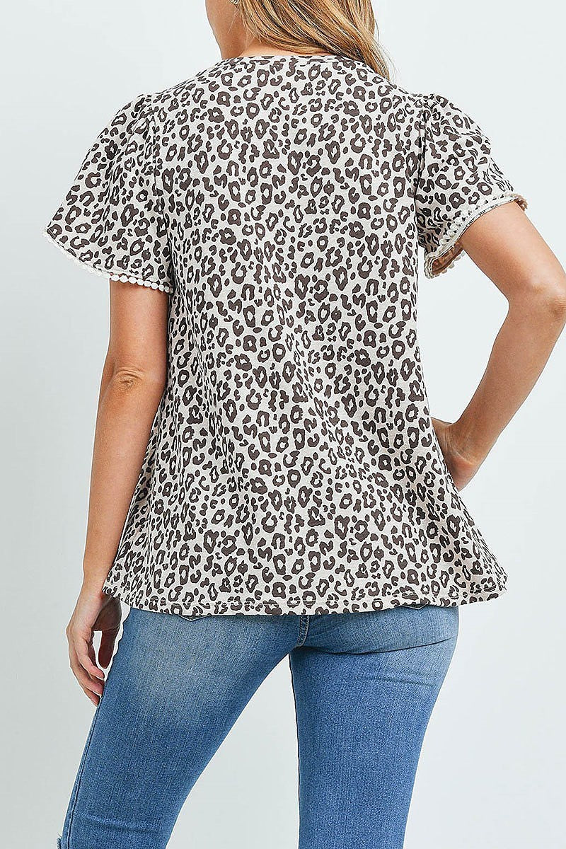 Pompom detail tulip sleeves leopard top (EF1004)