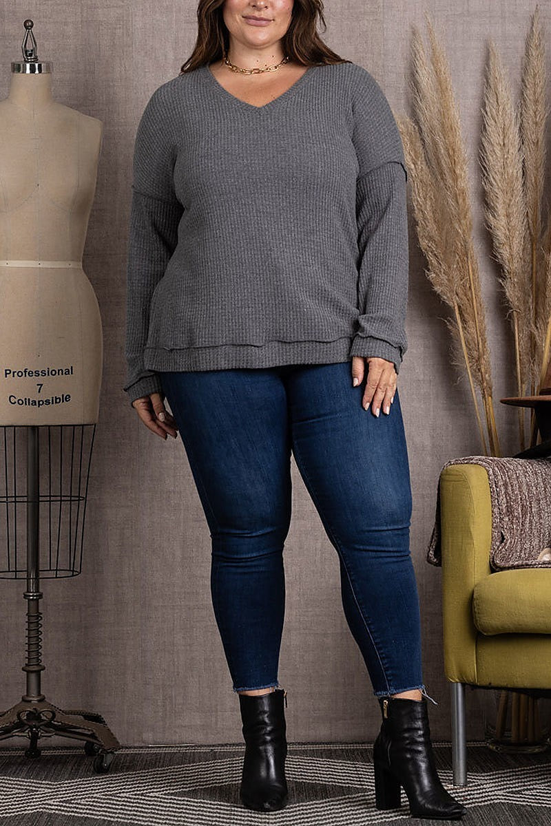 Ribbed knit long sleeves plus size top (EDSW3717)