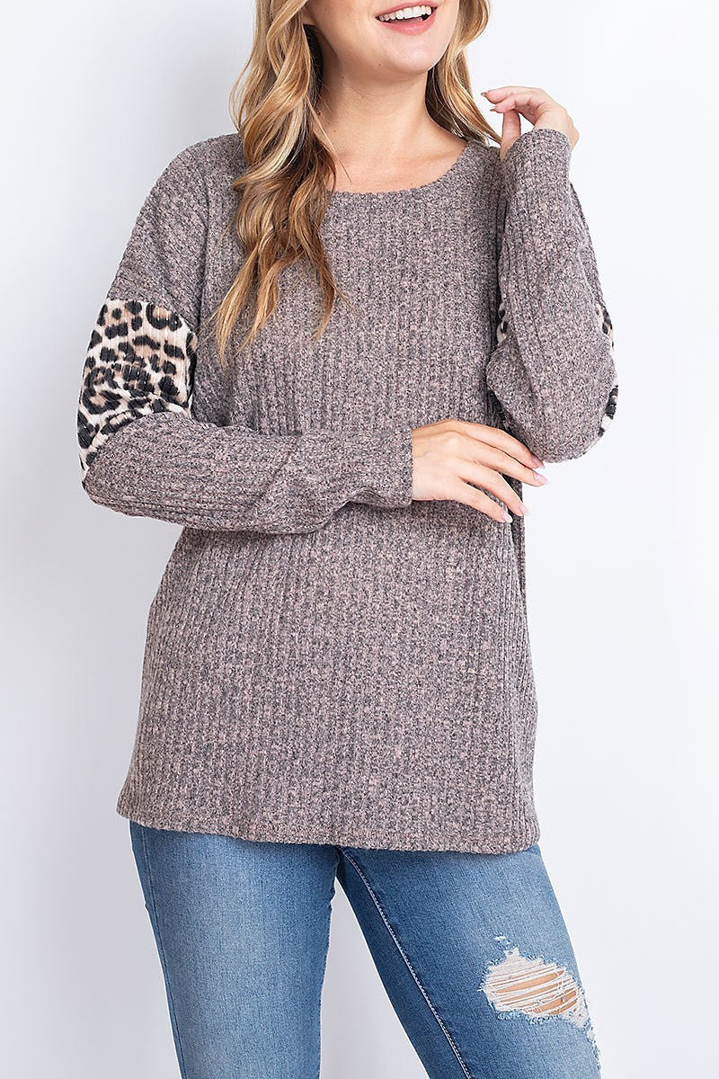 Leopard sleeve detail round neck top (EF2223-REST)