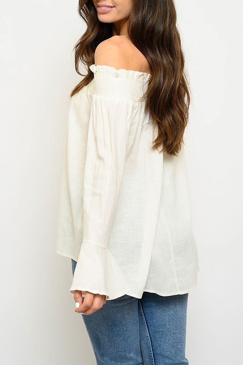 Off shoulder smoked detial bell sleeve top (EDWT3062)