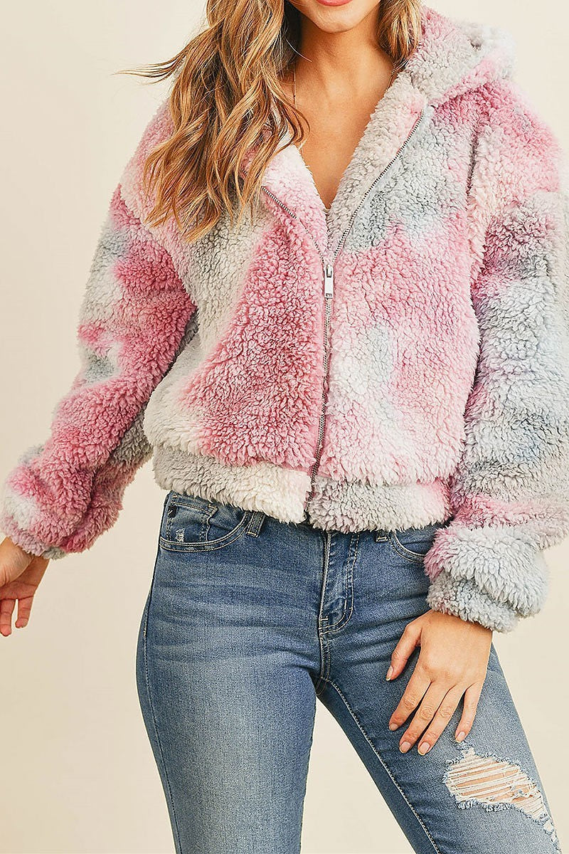 Tie dye sherpa zipper front hoodie sweater (DGS5089-1)