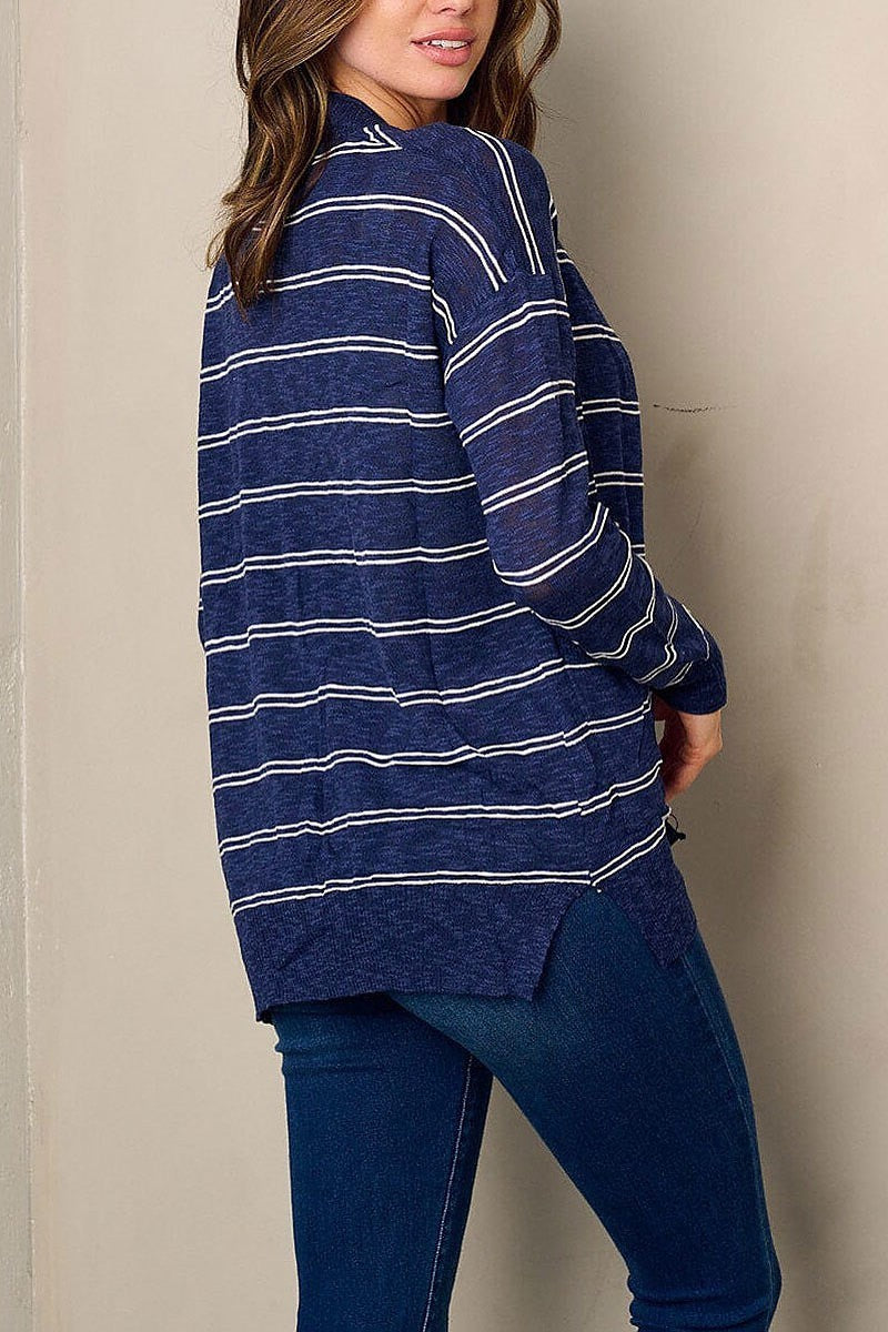 Long sleeve open front pockets stripes cardigan (EFWT2840)