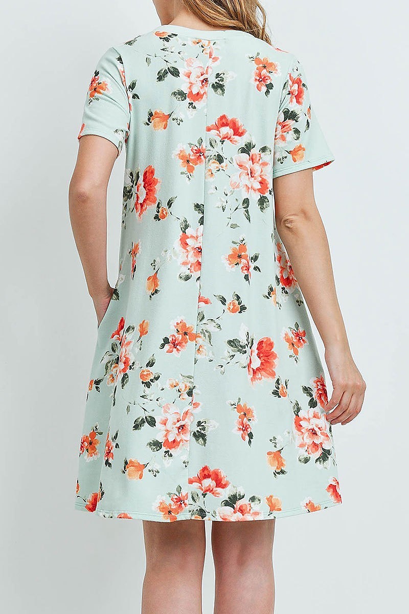 Floral short sleeves v neck on seam pocket dress (DED5983)