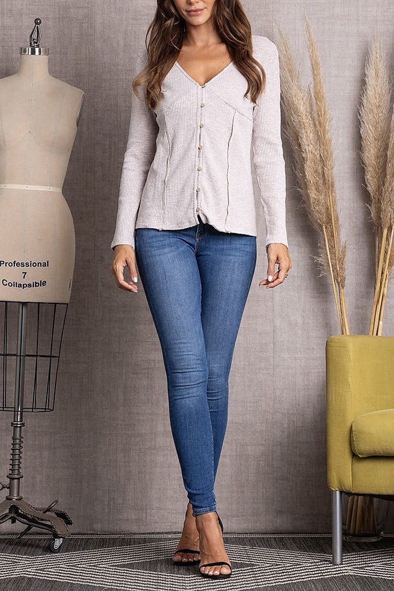 Ribbed knit button down long sleeve top (EDSW3480)