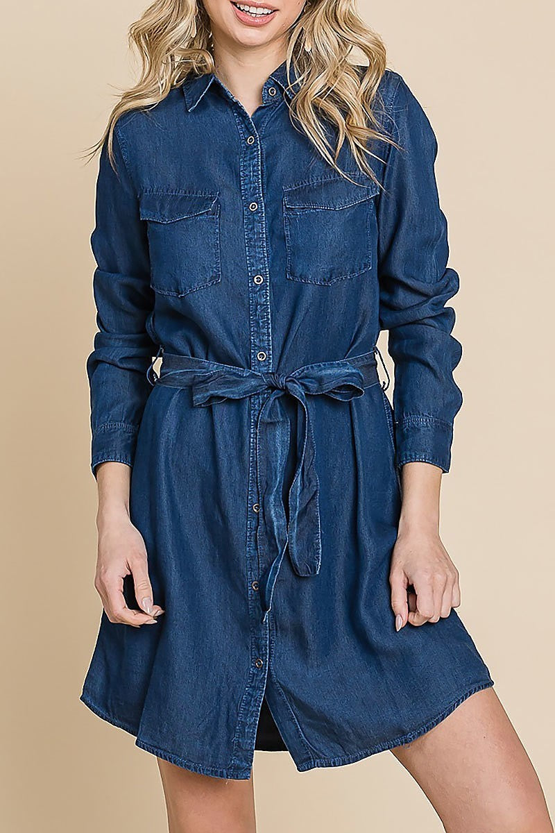 Chambray button-down collared dress with waist tie (EDH1633)