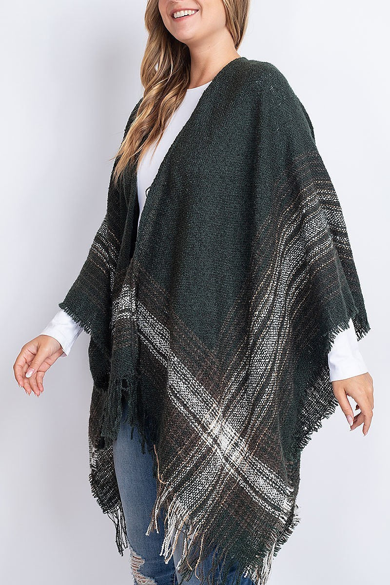 Multi plaid fringe kimono wrap (DGS5412)