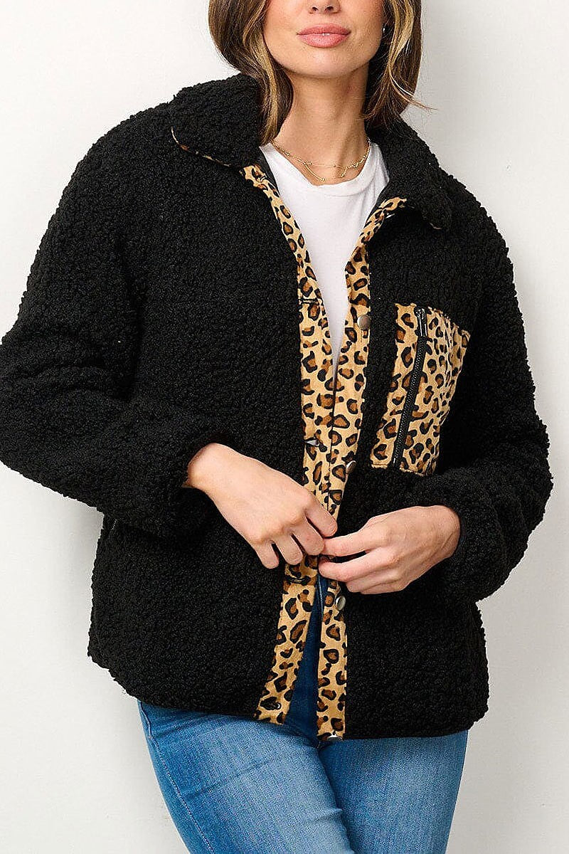 Button closure animal print sherpa jacket (EFWT7000)