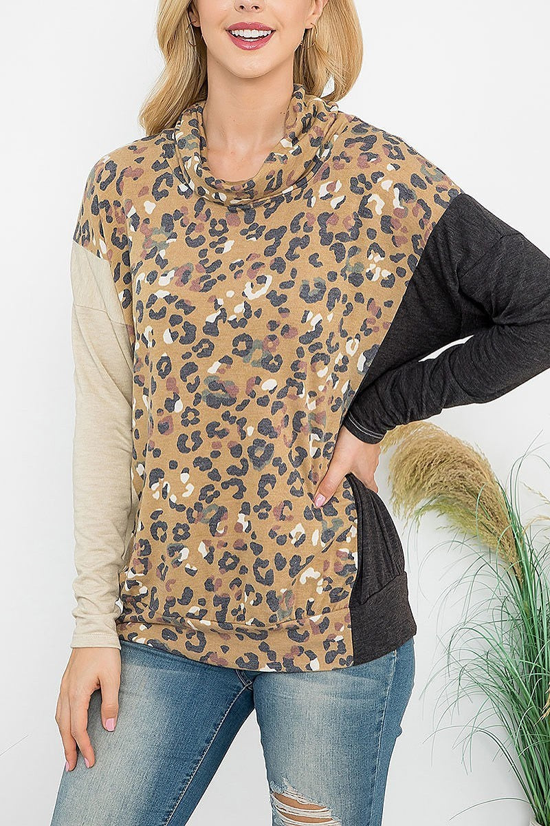 Cowl neckline leopard block long sleeve top (EF7032)