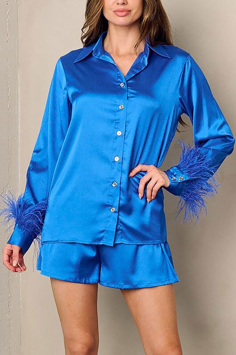 Long sleeve top and shorts feather satin set (EFWT2803)