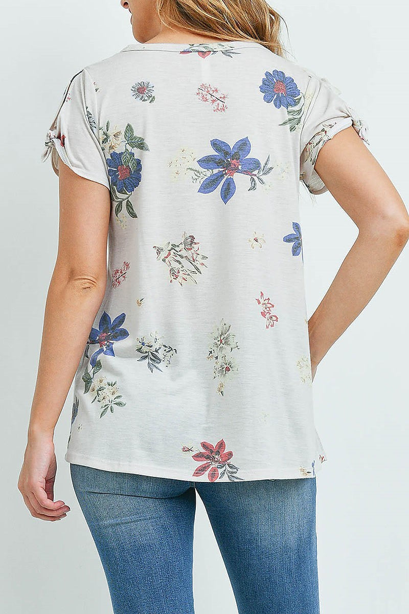 V neck floral print tie sleeve top (ED9346-1)