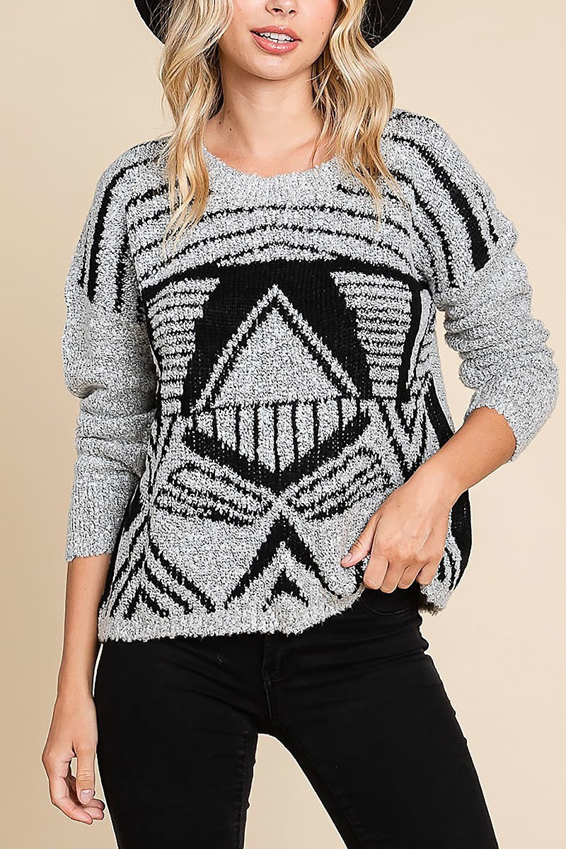 Geometric pattern round neck pullover (EDH1628)