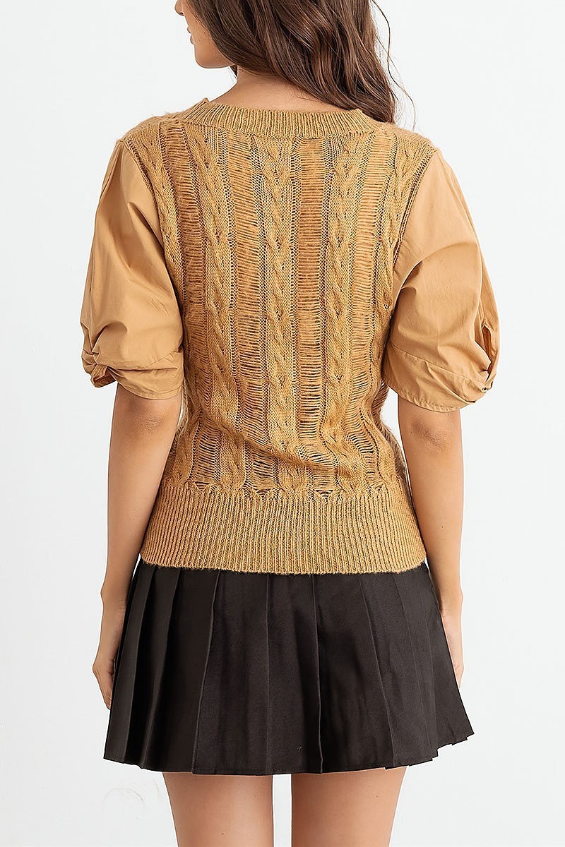 Distressed cable puff sleeve top (TED2229)