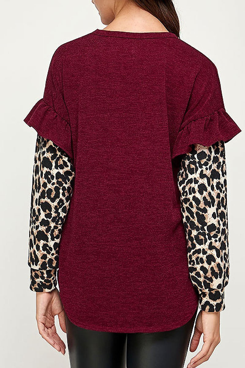 Animal print ruffle detail color block top (EF2233)